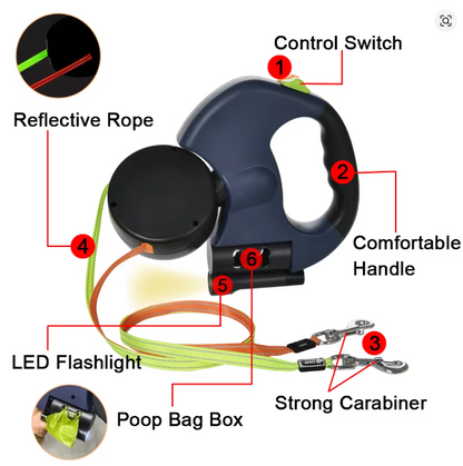 3m Retractable Dog Leash For Small Dogs Reflective Dual Pet Leash Lead 360 Swivel No Tangle Double Dog Walking Leash With Lights
