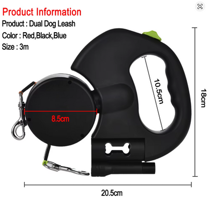 3m Retractable Dog Leash For Small Dogs Reflective Dual Pet Leash Lead 360 Swivel No Tangle Double Dog Walking Leash With Lights